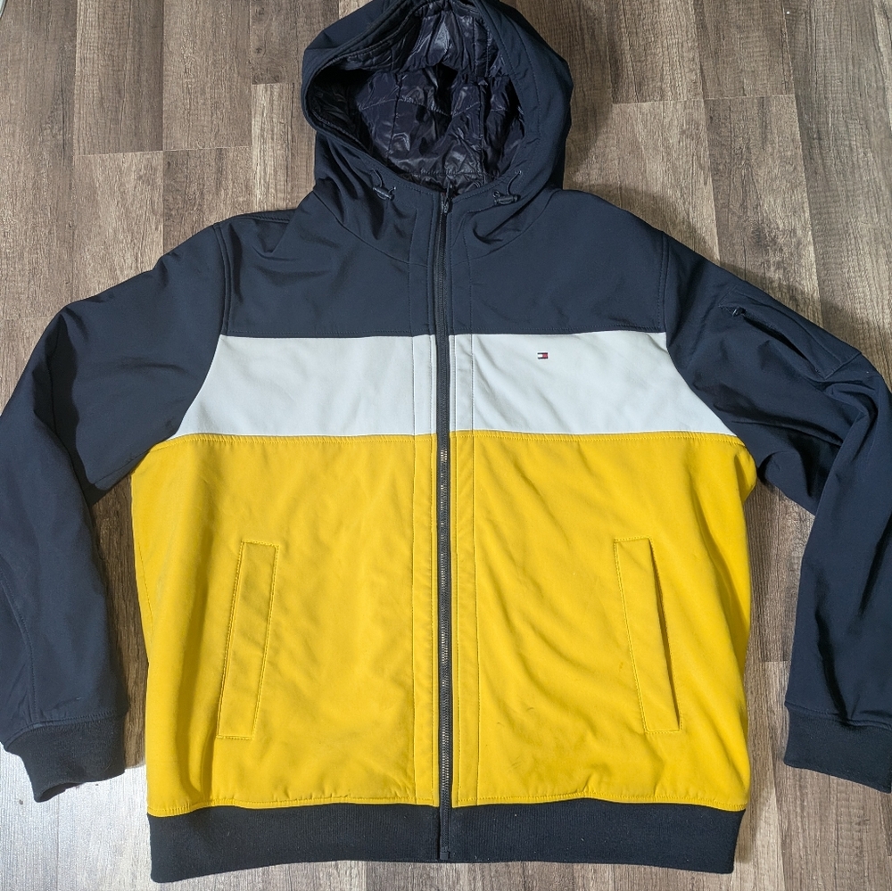 Tommy Hilfiger Men's Hooded Jacket Dark Blue/White/Yellow Size XL